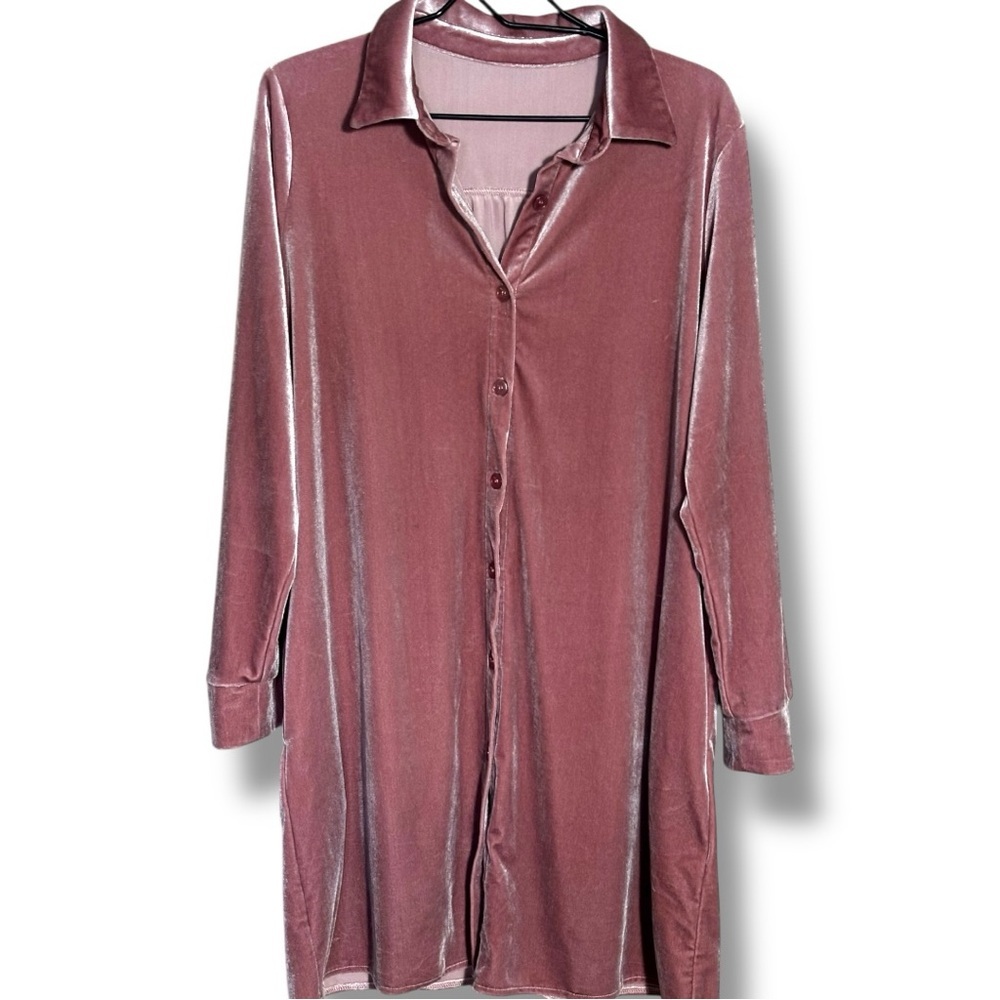 Rose/Mauve Velvet Long Sleeve Button Down Collared Mini Shirt Dress - Picture 15 of 16